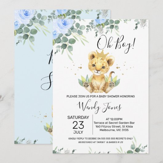 Blue Floral Eucalyptus Lion King Baby shower Kaart (Voorkant / Achterkant)