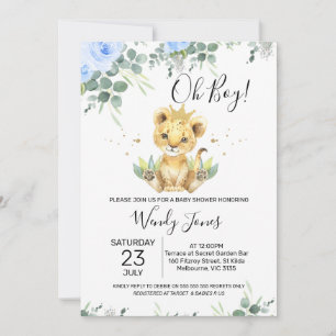 Blue Floral Eucalyptus Lion King Baby shower Kaart