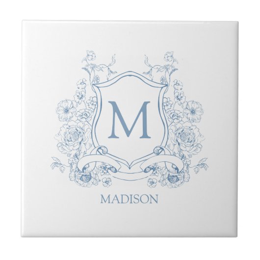 Blue Floral Family Crest Monogram Ceramic Tile Tegeltje (Voorkant)