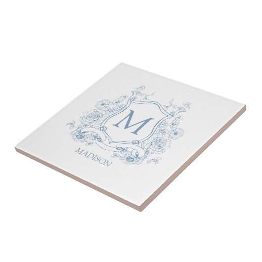 Blue Floral Family Crest Monogram Ceramic Tile Tegeltje (Zijkant)