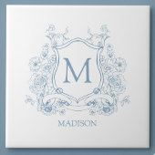 Blue Floral Family Crest Monogram Ceramic Tile Tegeltje