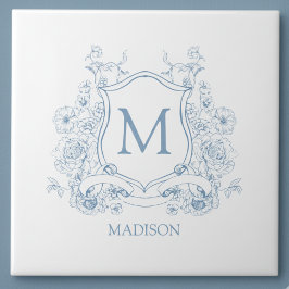 Blue Floral Family Crest Monogram Ceramic Tile Tegeltje