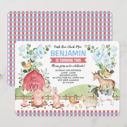 Blue Floral Farm Animals Barnyard Birthday Party Kaart (Voorkant / Achterkant)
