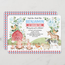 Blue Floral Farm Animals Barnyard Birthday Party Kaart