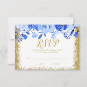 Blue Floral Faux Gold Glitter Quinceanera RSVP Kaartje (Voorkant)