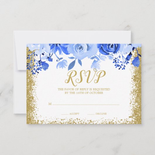 Blue Floral Faux Gold Glitter Quinceanera RSVP Kaartje (Voorkant)
