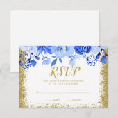 Blue Floral Faux Gold Glitter Quinceanera RSVP Kaartje (Voorkant / Achterkant)