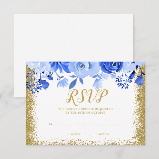 Blue Floral Faux Gold Glitter Quinceanera RSVP Kaartje (Voorkant / Achterkant)