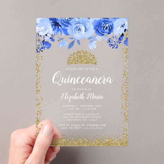 Blue Floral Faux Gold Glitter Tiara Quinceanera Acryl Uitnodigingen (Insitu (Draagbaar))