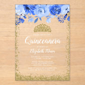 Blue Floral Faux Gold Glitter Tiara Quinceanera Acryl Uitnodigingen (Voorkant)