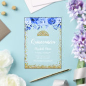 Blue Floral Faux Gold Glitter Tiara Quinceanera Acryl Uitnodigingen (Insitu (Huwelijk))