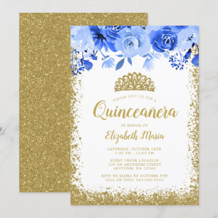 Blue Floral Faux Gold Glitter Tiara Quinceanera Kaart