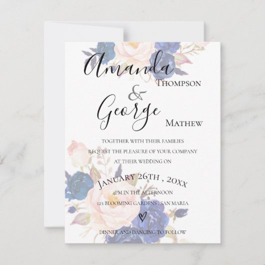 Blue Floral Faux Vellum Effect Wedding Kaart (Voorkant)