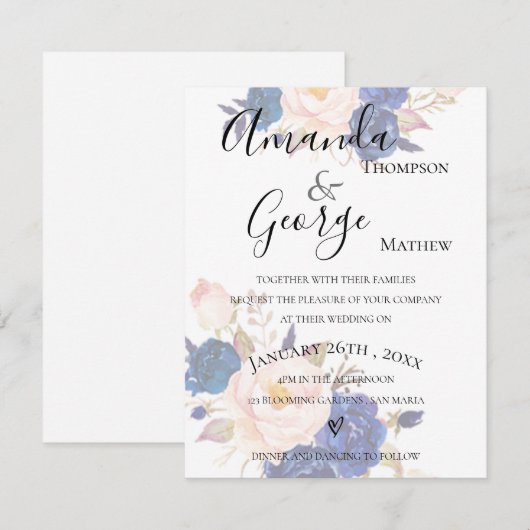 Blue Floral Faux Vellum Effect Wedding Kaart (Voorkant / Achterkant)