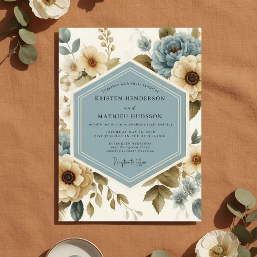 Blue Floral Flourish Wedding Kaart