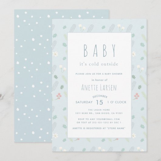 Blue Floral & Foliage Baby shower Uitnodiging (Voorkant / Achterkant)