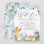 Blue Floral Foliage Safari Baby shower Uitnodiging (Voorkant / Achterkant)