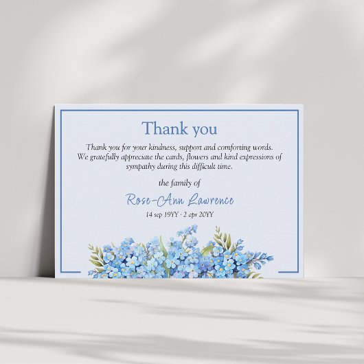 Blue floral forget-me-nots flowers funeral bedankkaart