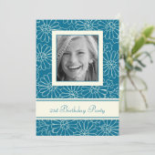 Blue Floral Foto 21st Birthday Party Kaart (Staand voorkant)