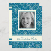Blue Floral Foto 21st Birthday Party Kaart (Voorkant / Achterkant)