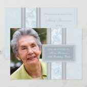 Blue Floral Foto 90th Birthday Party Invitations Kaart (Voorkant / Achterkant)