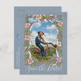Blue Floral Foto Bird Country Rustic Save Date Aankondigingskaart