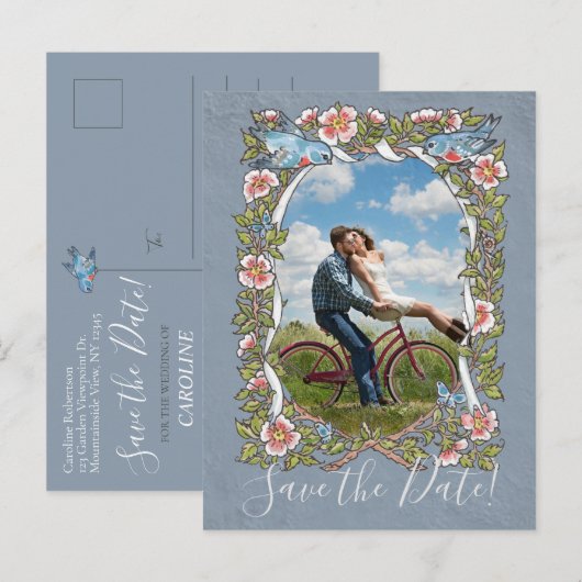 Blue Floral Foto Bird Country Rustic Save Date Aankondigingskaart (Voorkant / Achterkant)