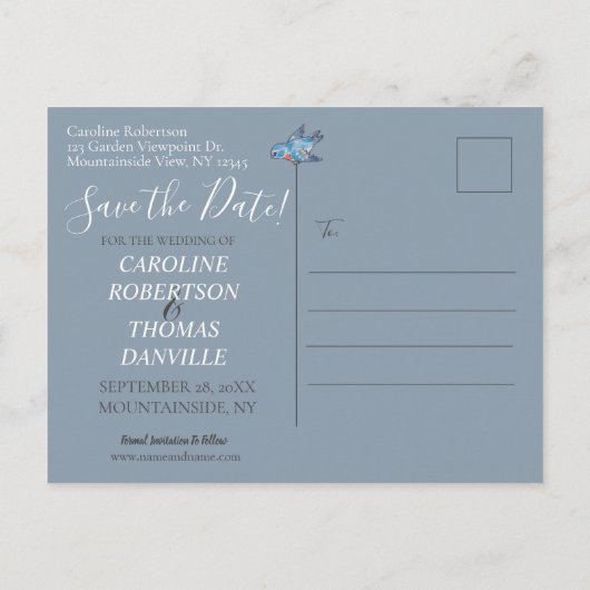 Blue Floral Foto Bird Country Rustic Save Date Aankondigingskaart (Achterkant)
