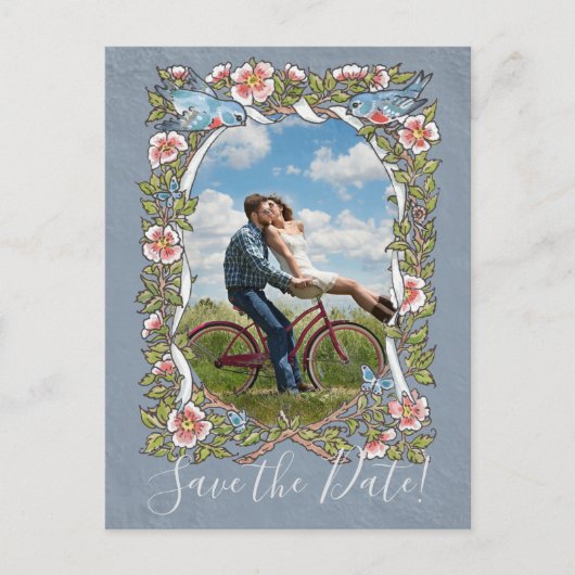 Blue Floral Foto Bird Country Rustic Save Date Aankondigingskaart (Voorkant)