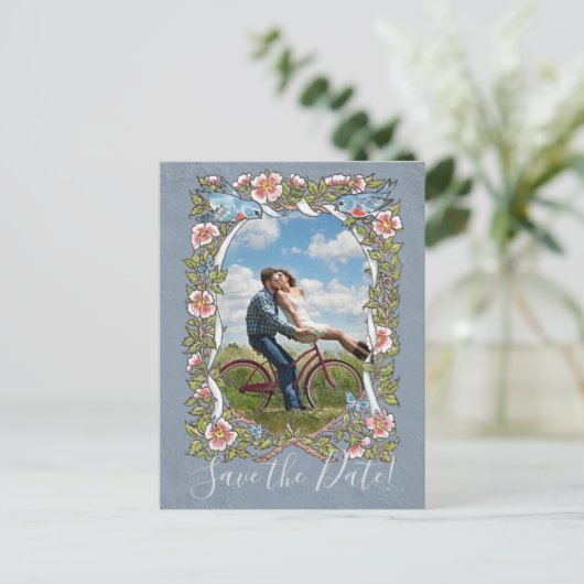 Blue Floral Foto Bird Country Rustic Save Date Aankondigingskaart (Staand voorkant)