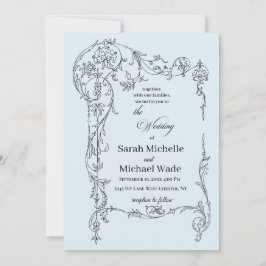 Blue Floral Frame Calligraphy Wedding Invitation Kaart