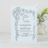 Blue Floral Frame Calligraphy Wedding Invitation Kaart (Staand voorkant)