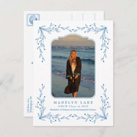 Blue Floral Frame Coastal Graduation Postcard Briefkaart (Voorkant / Achterkant)