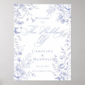 Blue Floral Franse toiletbruiloft welkom Poster (Voorkant)