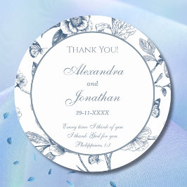 Blue Floral French Christian Wedding Thank You Ronde Sticker