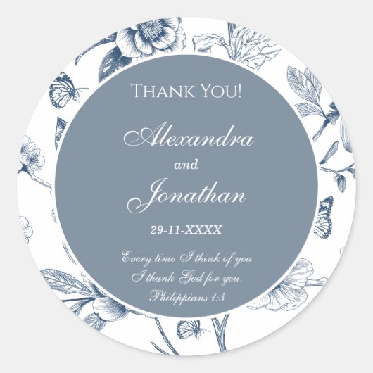 Blue Floral French Christian Wedding Thank You Ronde Sticker (Voorkant)