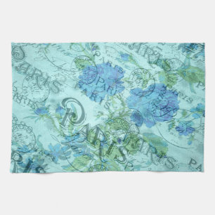 Blue Floral French Paris Postmark Pattern Theedoek
