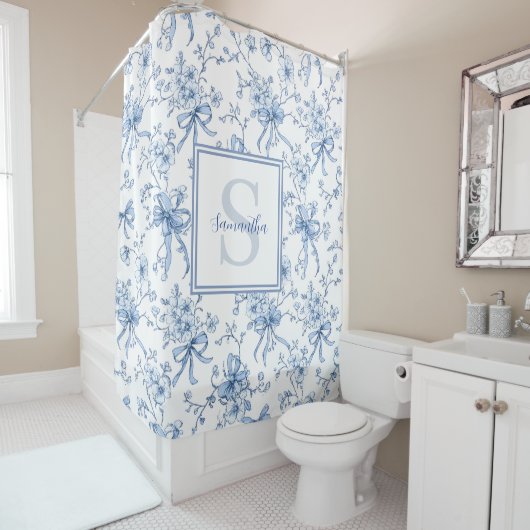 Blue Floral French Toile Monogram Name Douchegordijn (In situ)