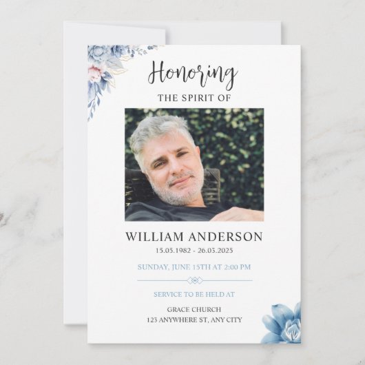 Blue Floral Funeral Invitation Celebration of Life Kaart (Voorkant)