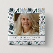 Blue Floral Funeral Memorial Foto Button (Voorkant)
