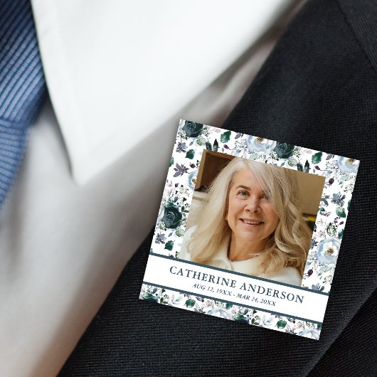 Blue Floral Funeral Memorial Foto Button