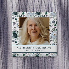 Blue Floral Funeral Memorial Foto Button
