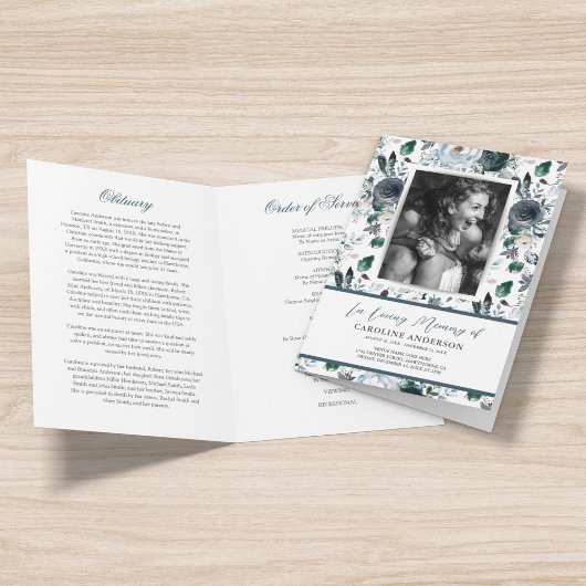 Blue Floral Funeral Order of Service Photo Program Programma