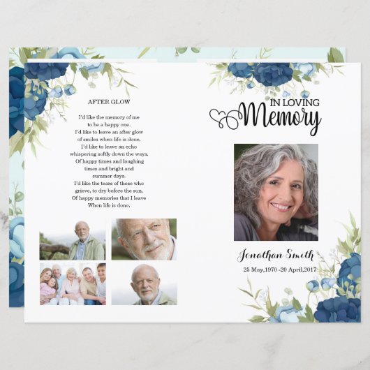 Blue floral Funeral Program sjabloon (Voorkant / Achterkant)