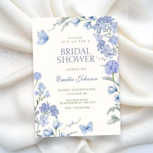Blue floral garden bridal shower kaart