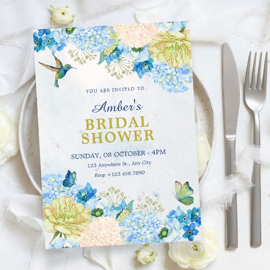 Blue floral garden bridal shower kaart