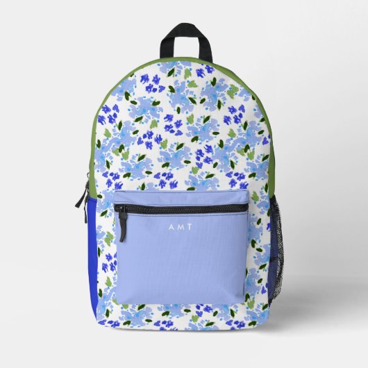 Blue Floral Garden Gepersonaliseerde naam Initiaal Bedrukte Rugzak (Voorkant)