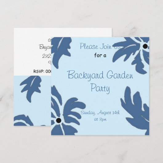 Blue Floral Garden Party Invitation Kaart (Voorkant / Achterkant)