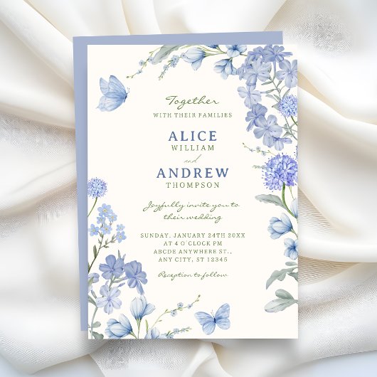 Blue floral garden wedding kaart