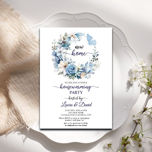 Blue Floral Garland Housewarming Party Kaart